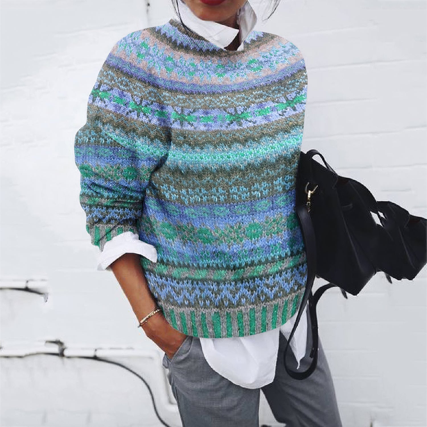 Vintage Ethnic Wavy Jacquard Contrasting Colors Printing Sweater artswardrobe