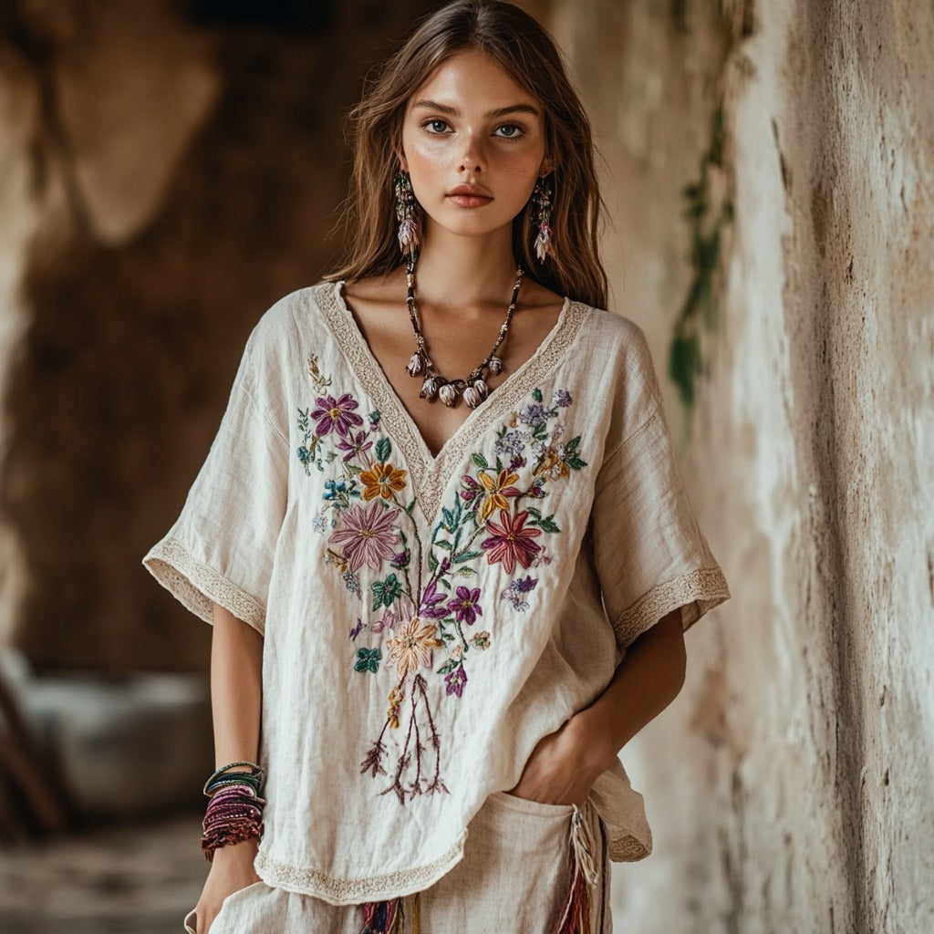 Women's Floral Embroidery V Neck Casual Linen Top elevenforest