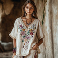 Women's Floral Embroidery V Neck Casual Linen Top elevenforest