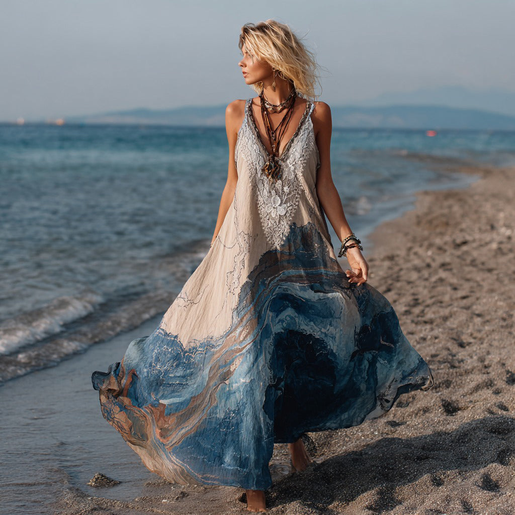 Vintage Marble Texture Collection Retro Bohemia Women Style Gradient Gilded Pattern Linen Maxi Dress elevenforest