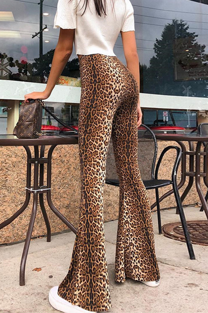 Street Animal Print Leopard Split Joint Basic Boot Cut High Waist Full Print Bottoms