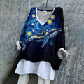 Vintage Fantasy Whale In Starry Night Dreamy Art Pattern Linen Blend Tunic elevenforest