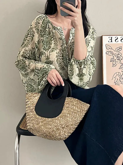 Loose Printed Sun Protection Balloon Sleeves V-neck Blouses