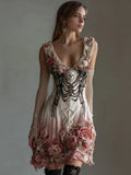 Vintage Skull Roses Glitter Gradient V Neck Mini Dress elevenforest