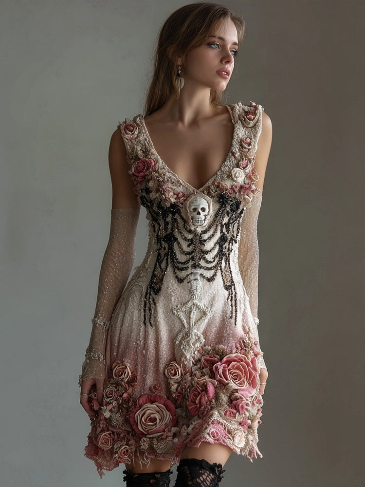 Vintage Skull Roses Glitter Gradient V Neck Mini Dress elevenforest