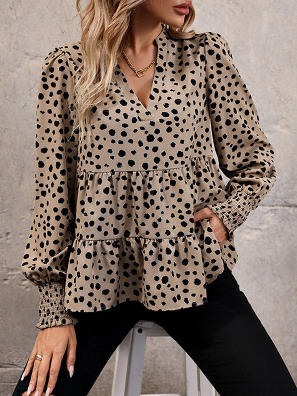Long Sleeves Loose Elasticity Polka-dot Split-joint V-neck Blouses&shirts Tops