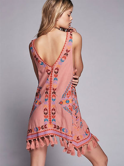 Dress Embroidered Pink V-neck Sleeveless Gypsy Beach Vacation Summer Short Tank Dress for