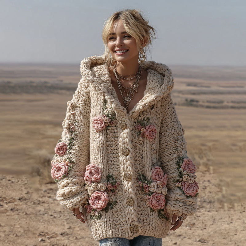 Women's Vintage Pink Floral Art Cozy Knit Hooded Cardigan