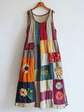 Vintage Floral Embroidered Patchwork Linen Blend Dress elevenforest