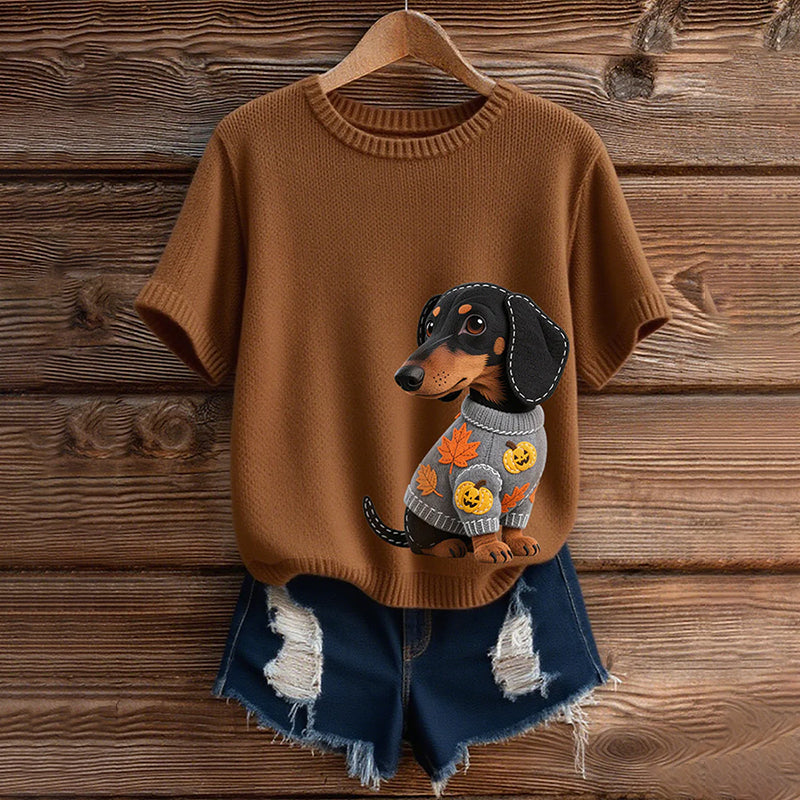 Comstylish Classic Autumn Dachshund With Felt In Autumn Inspired Embroidered Short Sleeve Cozy Knit Sweater