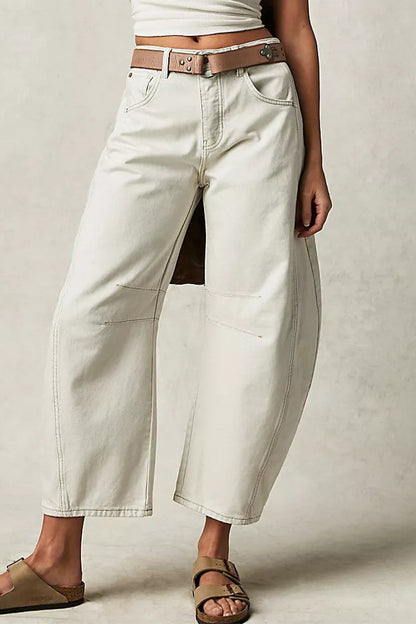 Pocket Without Belt Mid Waist Loose Denim Jeans(no Belt)