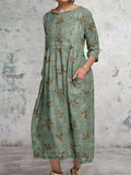 Women's Classic Floral Pattern Round Neck Cotton and Linen Top with Pockets