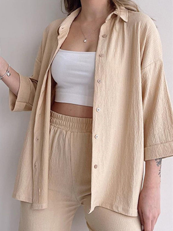 Color High-low Split-side Lapel Blouses + High Waisted Pants Bottom Two Pieces Set