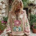 Women's Boho Floral Chunky Knit Small V-neck Sweater elevenforest