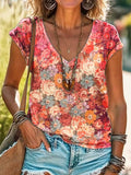 Women's Floral Print V-Neck Cotton T-Shirt