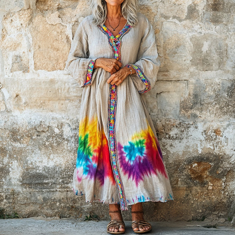 Women's Tie Dye Art Print V-neck Loose Midi Dress elevenforest