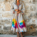 Women's Tie Dye Art Print V-neck Loose Midi Dress elevenforest