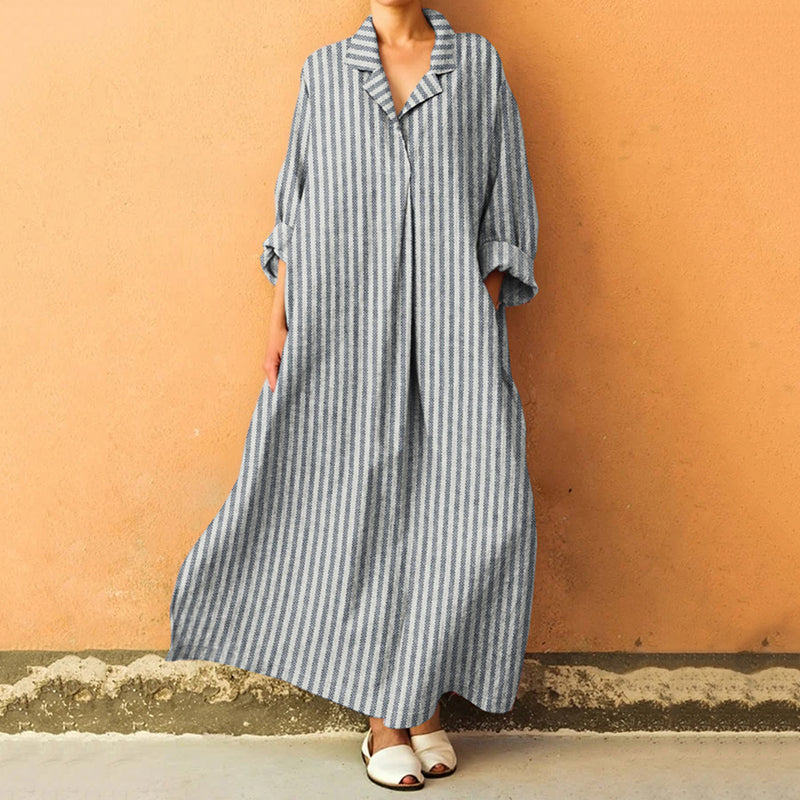 Striped Print Lapel Loose Maxi Dress elevenforest