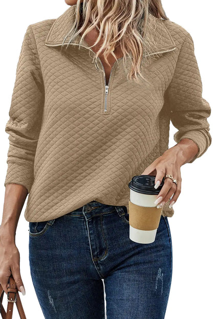Quilted Half Zipper Sweatshirt in Pale Khaki