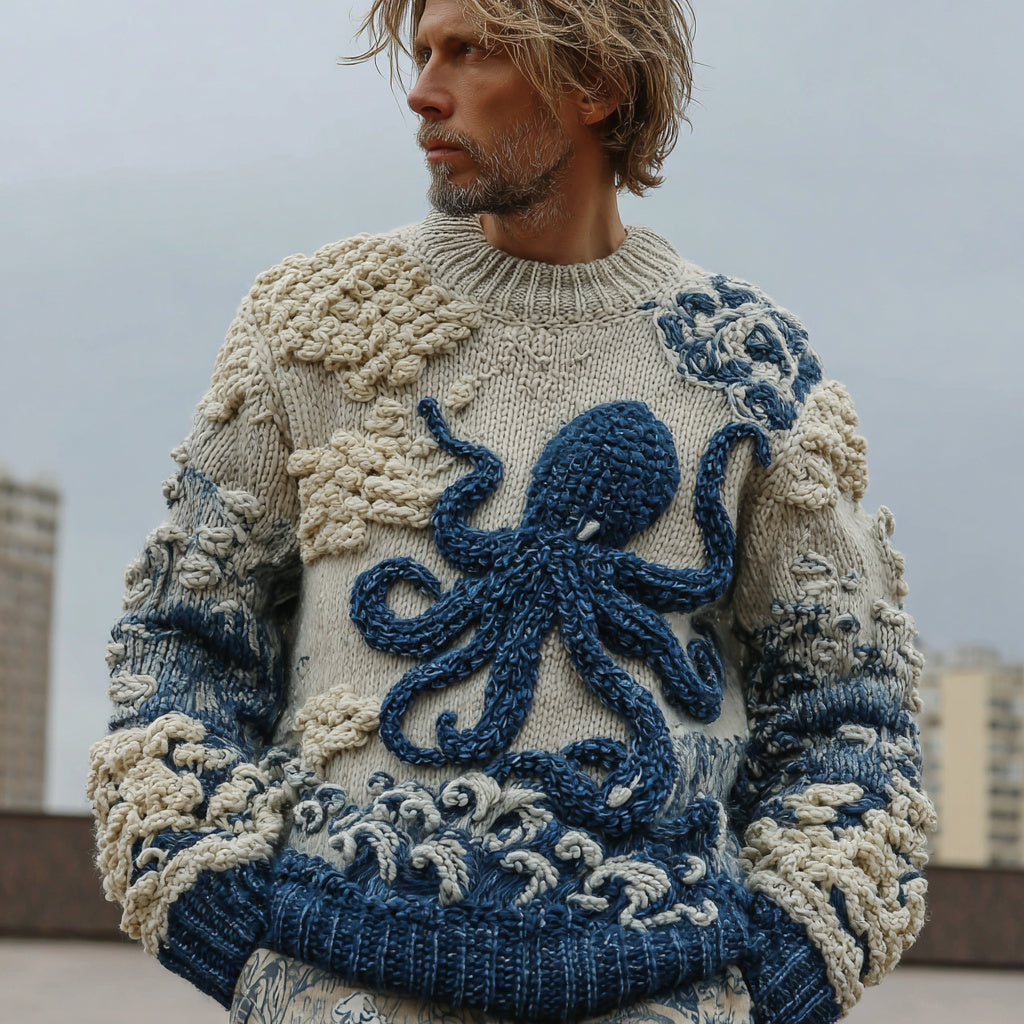 Men's Japanese Octopus Art Cozy Knit Pullover Sweater elevenforest