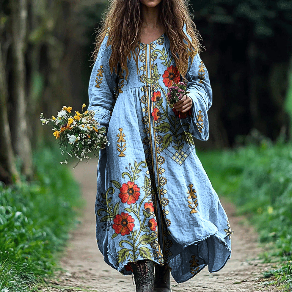 Vintage Ethnic Floral Linen Long Sleeve Dress elevenforest