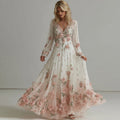 Women Vintage Pink Floral Art Linen Blend Casual Dress elevenforest