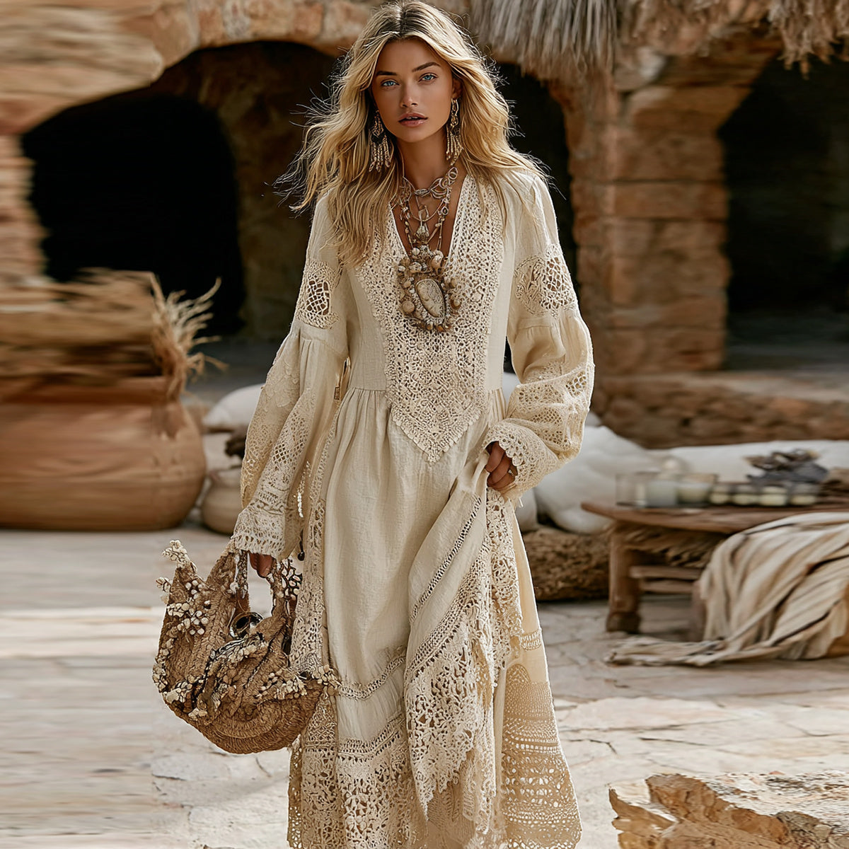 Women's Vintage Vacation  Lace Floral Art V-neck Maxi Dress elevenforest