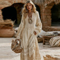 Women's Vintage Vacation  Lace Floral Art V-neck Maxi Dress elevenforest