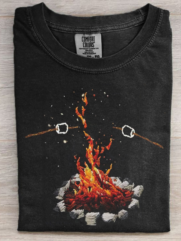 Comstylish Marshmallow & Camping Fire Embroidered Washed T Shirt