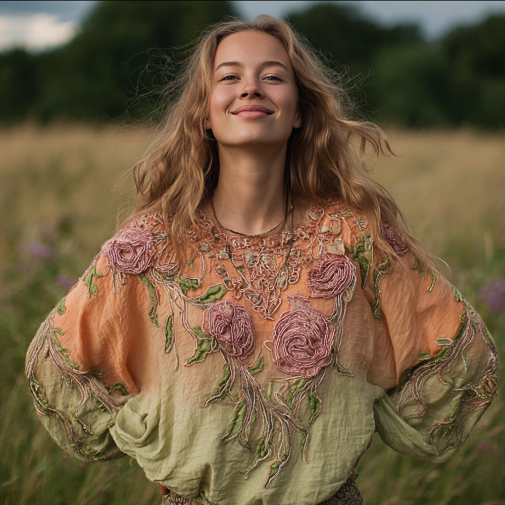 Ladies' Floral Embroidery Tie-dye Vibrant Round Neck Long Sleeve elevenforest