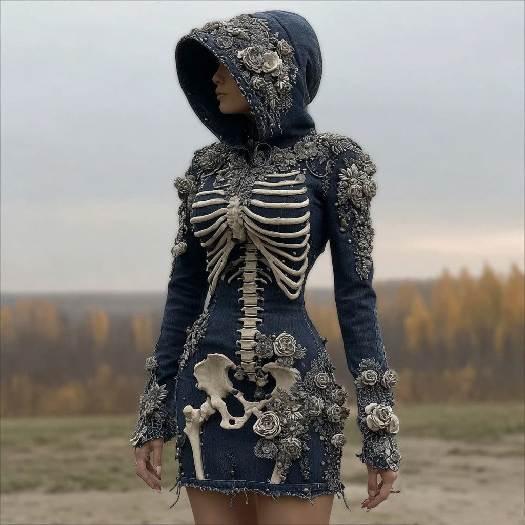Women's Halloween Skull Rose Art Comfortable Denim Mini Skirt elevenforest