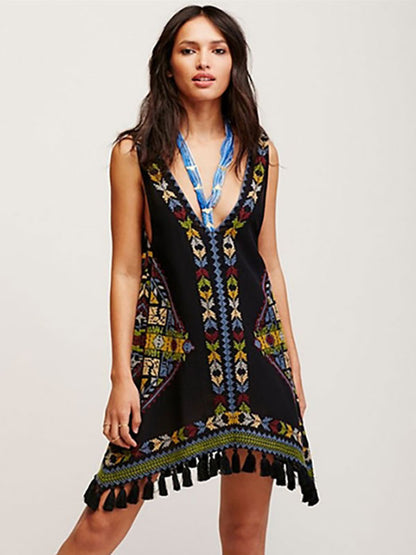 Dress Embroidered Pink V-neck Sleeveless Gypsy Beach Vacation Summer Short Tank Dress for