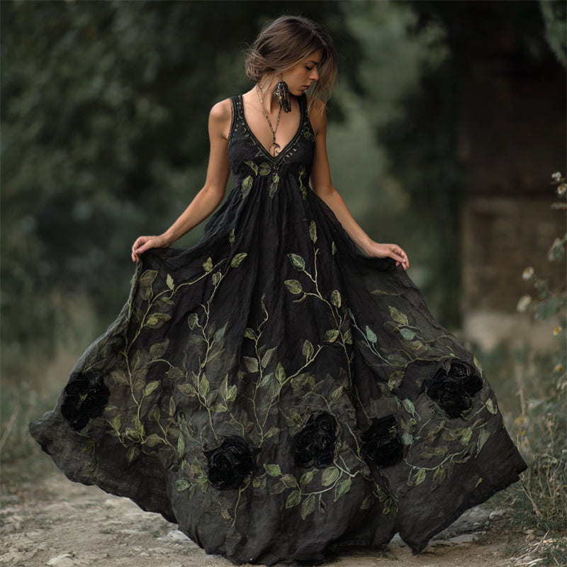 Vintage Black Roses Vines Flowy Linen Maxi Dress elevenforest