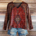 Women's Vintage Ethnic Floral Art Print Casual V-neck Long Sleeve T-sh