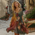 The Sunset Collection Vintage Rose And Floral Gradient Art Linen V Neck Midi Dress elevenforest