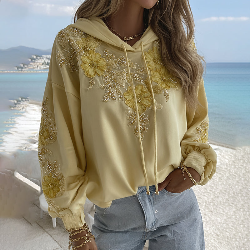 Women's Bohemian Yellow Floral Embroidery Art Long Sleeve Hoodie elevenforest