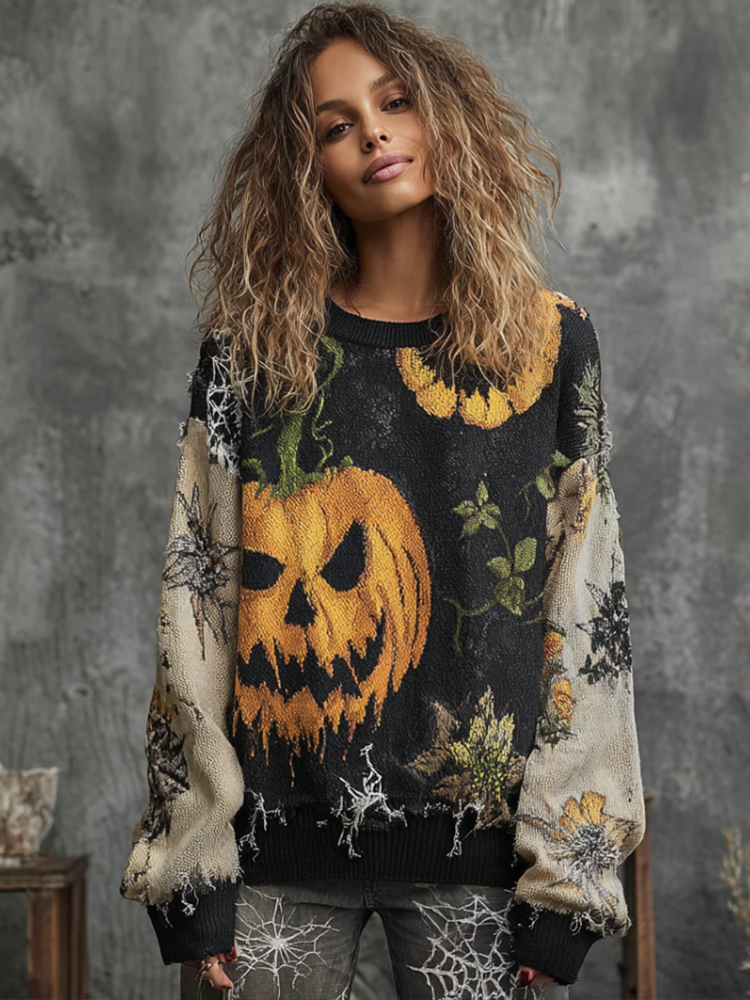 Comstylish Halloween Pumpkin Face And Plant Flower Pattern Design Women's Round Neck Knit Sweater