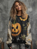 Halloween Pumpkin Face And Plant Flower Pattern Design Women's Round Neck Knit Sweater artswardrobe