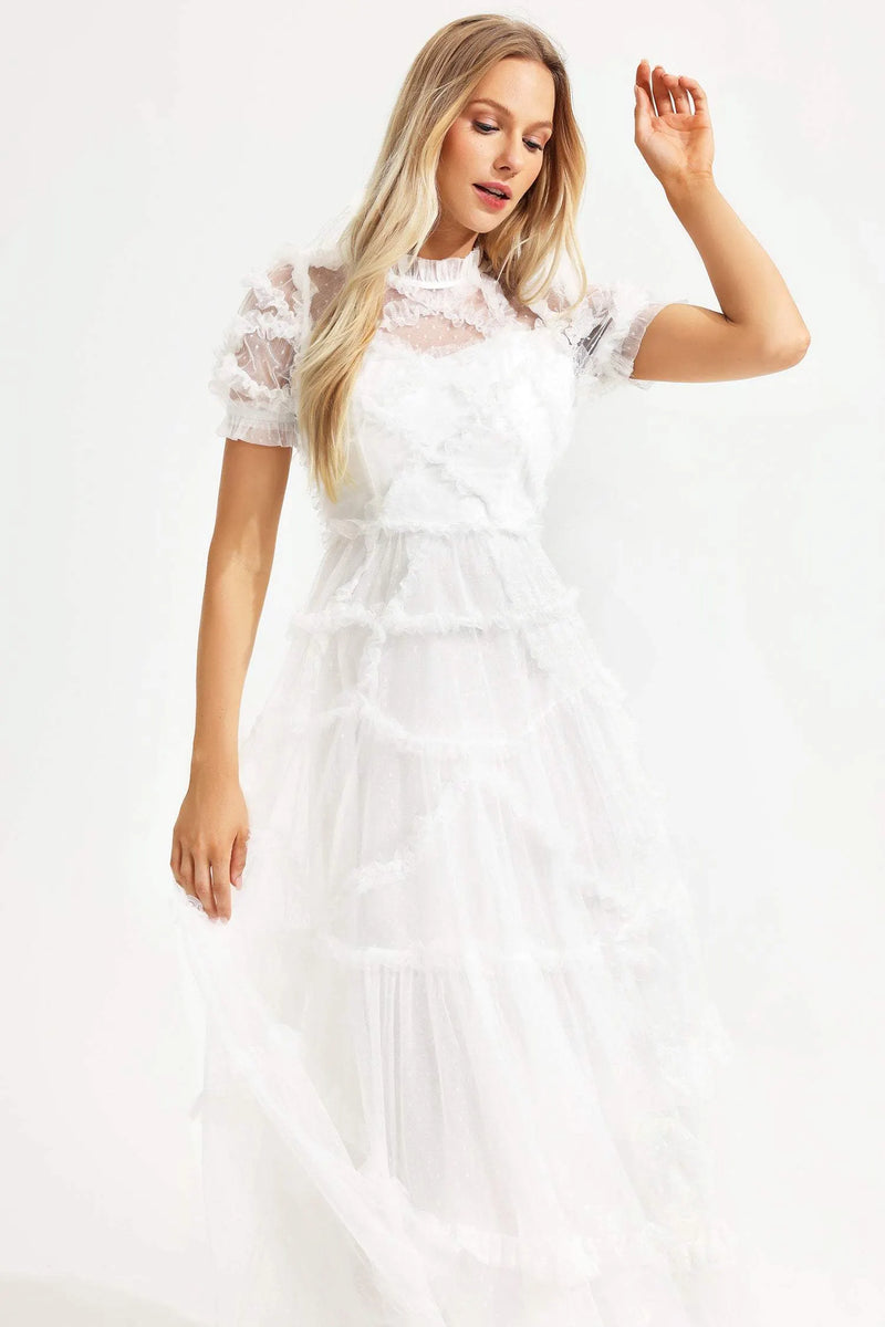 Round Collar Short Sleeve Mesh Ruffle Hem Midi Dress