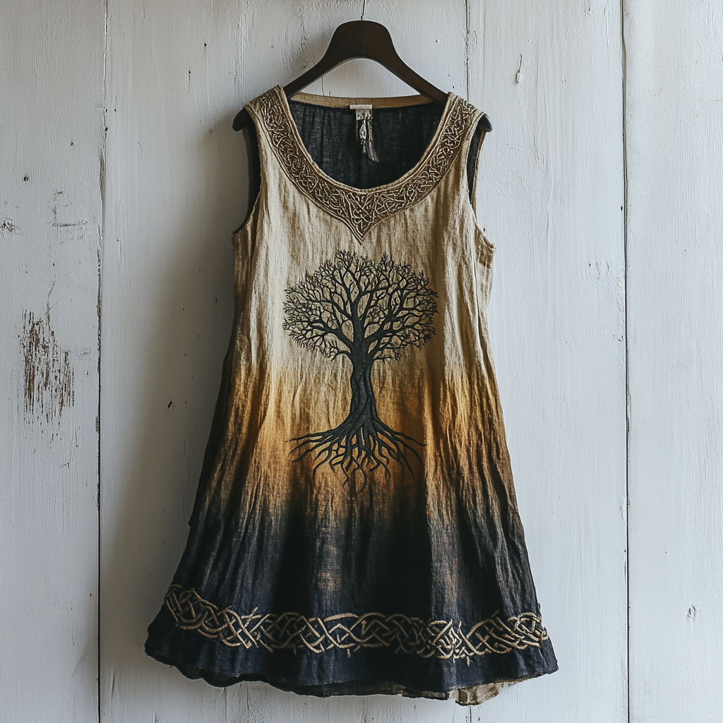 Women's Viking Tree Of Life Celtic Gradient Art Linen Sleeveless Top elevenforest