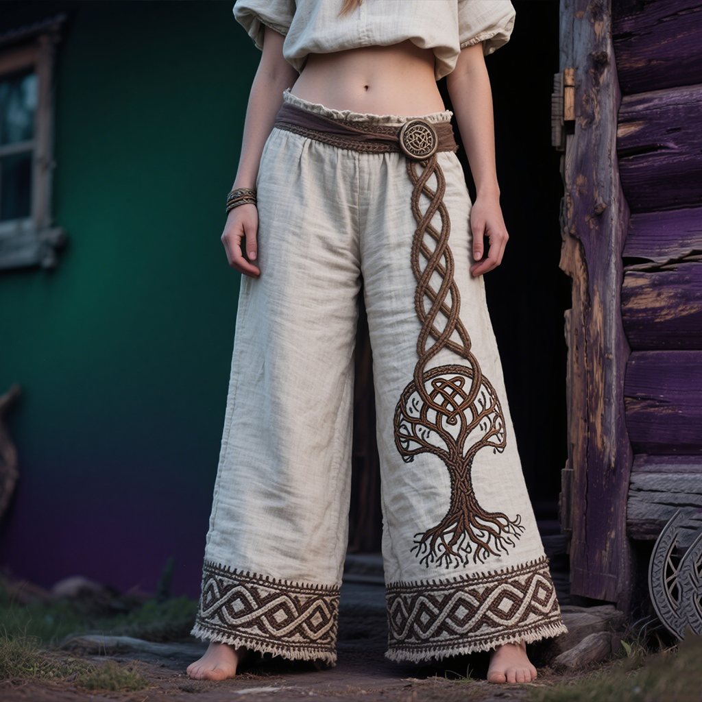 Retro Viking Tree Of Life Embroidered Linen Pants elevenforest