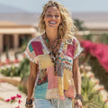Women's Vintage Floral Color Block Linen Short Sleeve T-shirt elevenforest