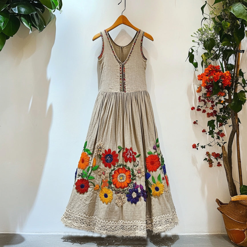 Bohemian Floral Embroidered Lace Patchwork Linen Vest Maxi Dress elevenforest