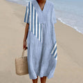 Women Vintage Irregular Stripes Casual V Neck Midi Dress elevenforest