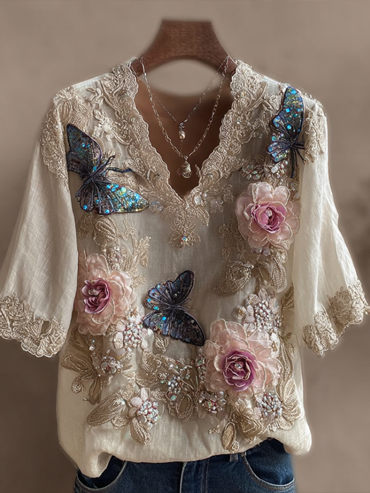 Bohemian Style V-neck Butterfly And Flower Embroidery Cotton And Linen Short Sleeve elevenforest