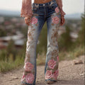Vintage Pink Roses Glitter Embroidered Washed Bootcut Jeans elevenforest