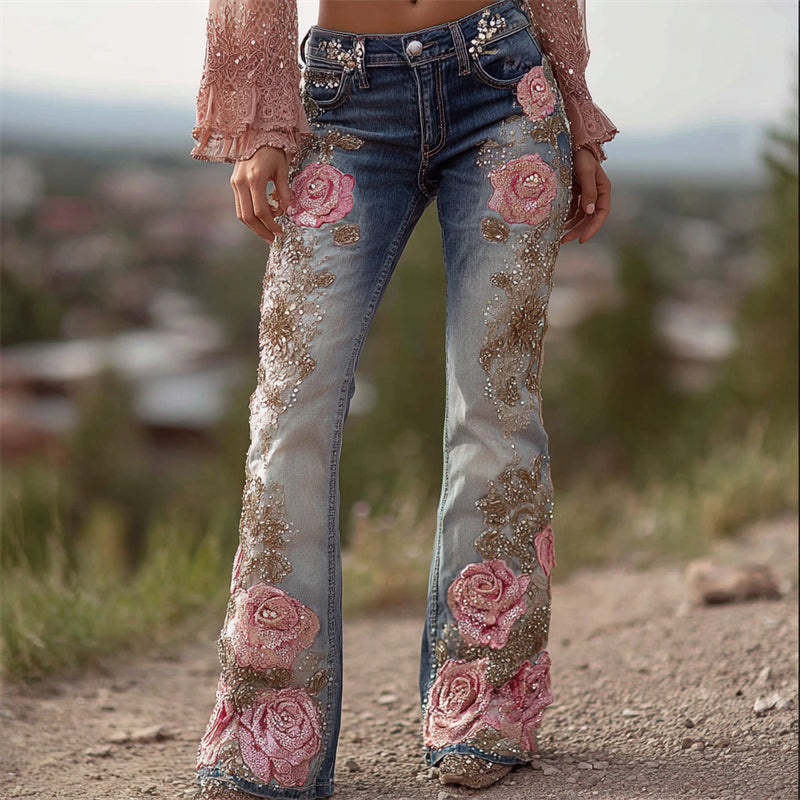 Vintage Pink Roses Glitter Embroidered Washed Bootcut Jeans elevenforest