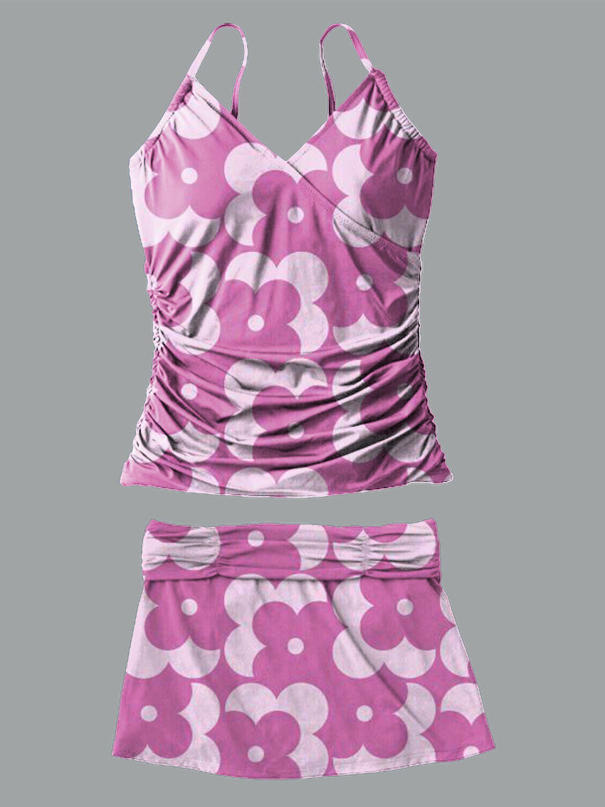 Pink Flower V-Neck Vintage Flowers Print Suspender Skirt Tankini Pantskirt Set Swimsuit
