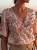Women's Casual Retro Bohemian Embroidered Floral Print Top elevenforest