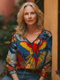 Vintage Color Parrot With Floral Art Color Block Linen V-neck Top elevenforest